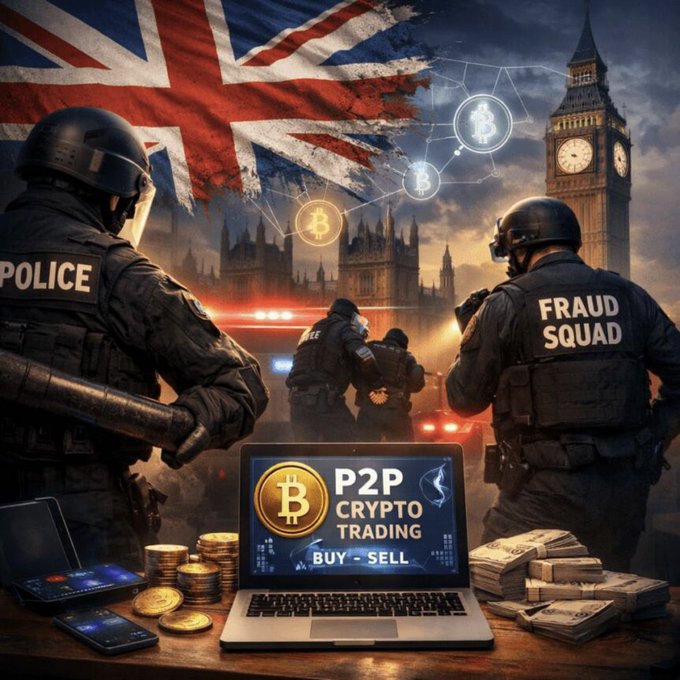 A dramatic composite image showing police and 'FRAUD SQUAD' officers with the UK flag and Big Ben in the background, alongside a laptop displaying 'P2P CRYPTO TRADING BUY - SELL', stacks of money, and Bitcoin graphics.