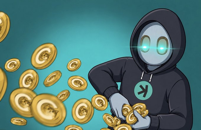 A hooded figure wearing a mask with glowing eyes collects a pile of gold crypto coins featuring the $CATE token logo, illustrating the impending $500 $CATE giveaway mentioned in the post. The mysterious, hacker-like imagery plays on the secretive and exciting nature of the nighttime crypto event starting in 45 minutes.