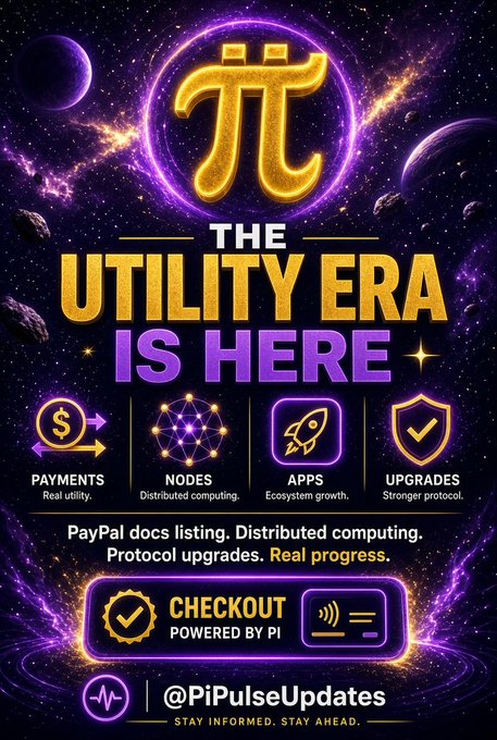 A promotional graphic titled 'THE UTILITY ERA IS HERE' featuring the Pi cryptocurrency symbol, highlighting payments, nodes, apps, and upgrades with a call to action '@PiPulseUpdates'.