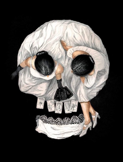 A surreal painting on a black background depicting two women in white dresses hunched over playing cards, with the composition forming the shape of a skull.
