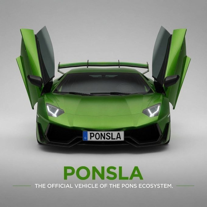 A green Lamborghini with doors open, labeled 'PONSLA - THE OFFICIAL VEHICLE OF THE PONS ECOSYSTEM.'