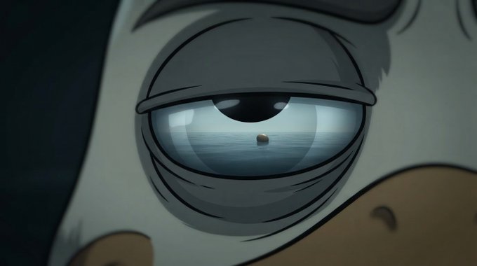 A close-up of an animated character's large blue eye with a small object reflected in the pupil, looking tired or bored.