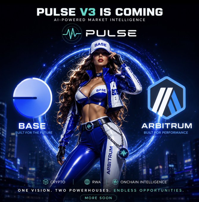 A promotional graphic announcing 'PULSE V3 IS COMING' featuring 'AI-POWERED MARKET INTELLIGENCE' text, with a central figure in a blue and white outfit, and logos for BASE ('BUILT FOR THE FUTURE') and ARBITRUM ('BUILT FOR PERFORMANCE') flanking her, with additional text reading 'CRYPTO | RWA | ONCHAIN INTELLIGENCE' and 'ONE VISION. TWO POWERHOUSES. ENDLESS OPPORTUNITIES. MORE SOON'.