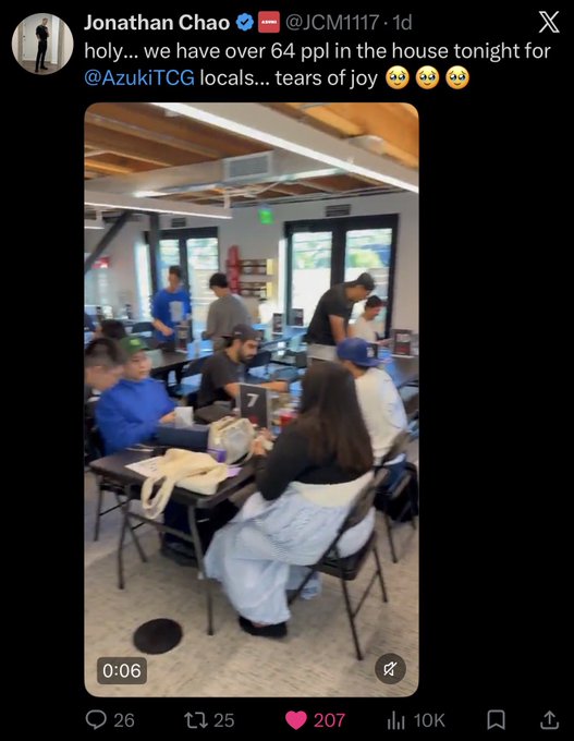 A Twitter/X post by Jonathan Chao (@JCM1117) showing a video thumbnail of people at a trading card game event, with the caption 'holy... we have over 64 ppl in the house tonight for @AzukiTCG locals.... tears of joy 🥹🥹🥹' and 207 likes.