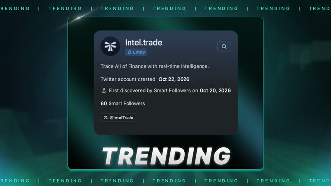A dark teal “TRENDING” graphic promotes the Intel.trade account, showing “60 Smart Followers,” “Twitter account created Oct 22, 2026,” and “First discovered by Smart Followers on Oct 20, 2026.” The post highlights a surge in @IntelTrade smart followers over the last 48 hours.