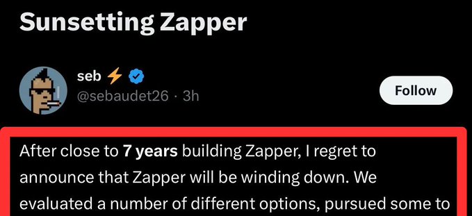 A tweet from verified user 'seb' (@sebaudet26) titled 'Sunsetting Zapper', announcing that after close to 7 years, Zapper is winding down.