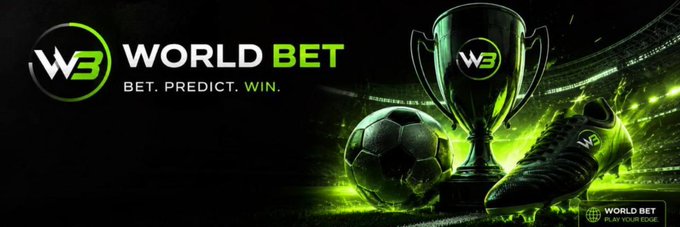 The image is a promotional banner for "World Bet" featuring the WBET logo with the tagline "BET. PREDICT. WIN." alongside imagery of a soccer ball, trophy, and cleat in green tones, with "WORLDBET PLAY YOUR EDGE" branding. It relates to the post by visually promoting the WBET cryptocurrency project that has been upgraded to Pro status on Moby.
