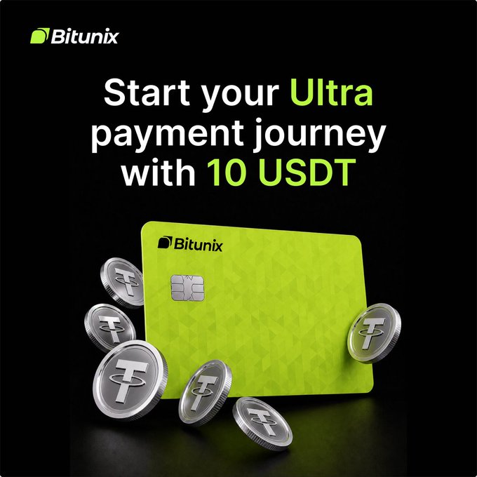 Bitunix promotes its crypto payment card with an ad featuring the bold text "Start your Ultra payment journey with 10 USDT," alongside a bright green card branded "Bitunix" surrounded by silver Tether (USDT) coins. The image visually reinforces the post's offer, highlighting the low 10 USDT entry point to begin using the Bitunix Card and unlock referral bonuses.