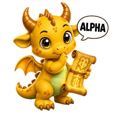 A cute cartoon dragon holds a glowing scroll while a speech bubble reads "ALPHA," symbolizing the hidden insights and gamified mysteries teased in the Pocket Dragons ecosystem. The image ties directly to the post's theme of seeking "alpha" through puzzles, dragon eggs, and upcoming game features.