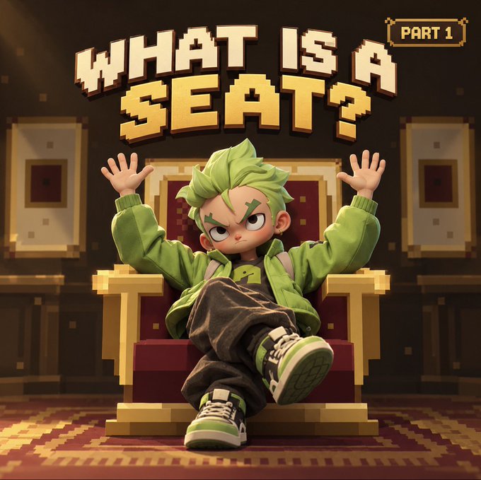 3D animated image with text "WHAT IS A SEAT? PART 1" showing a green-haired chibi character sitting in a throne.