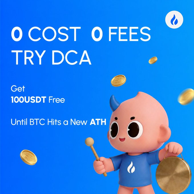 A promotional graphic features a cartoon baby character holding a drumstick and gong against a blue background, advertising "0 COST 0 FEES TRY DCA" with an offer to "Get 100USDT Free Until BTC Hits a New ATH," directly promoting HTX's fee-free Dollar-Cost Averaging trial plan for BTC and ETH mentioned in the accompanying post.
