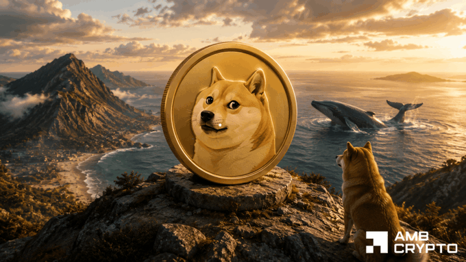 The image shows two dogs looking at a golden coin with an Om symbol on top of it. The background includes mountains, ocean, and the sky, adding a serene atmosphere. The main focus of the image seems to be the connection between the Om symbol on the coin and the Dogecoin being featured in the post about whales.