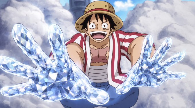 Monkey D. Luffy from the anime One Piece, wearing his signature straw hat and red vest, grins widely while reaching forward with crystalline, ice-like hands in a dynamic action pose.