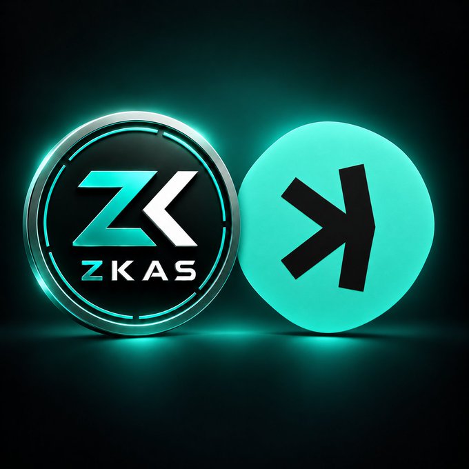 The image displays stylized 3D logos for "ZKAS" and "KAS," featuring metallic teal coin and glowing sphere designs against a dark background.

The post asks the $KAS community about their thoughts on Zkas, likely referring to the ZKasino project that launched on Kaspa's blockchain, which became controversial and was associated with an alleged rug pull.