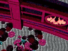 A glitchy, pixelated image showing a distorted scene with pink flowers, a hanging lantern, and what appears to be a figure with a glitched face.
