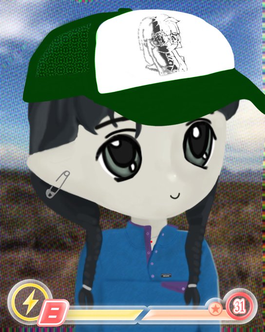 A stylized cartoon character with braided hair, a blue shirt, and a safety pin accessory wears a green and white trucker hat featuring the Milady NFT illustration, displayed with the game's UI elements showing a "31" energy meter. The image relates to the Milady #9424 NFT sale for Ξ1 ($1,881) between the noted seller and buyer wallets.