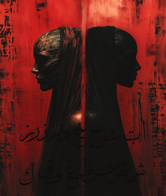 A dark, stylized artwork showing two silhouetted female profiles facing away from each other, separated by a vertical red beam against a textured red background with Arabic calligraphy.