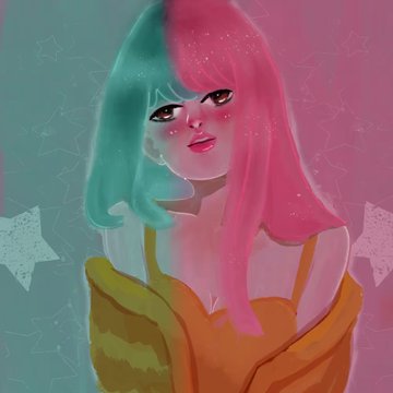A digital painting of a girl with split-dyed teal and pink hair, wrapped in an orange blanket against a starry background.
