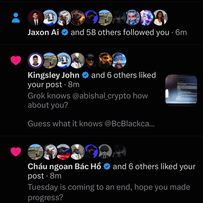 A dark-mode social media notifications screen showing 59 new followers led by Jaxon Ai, and recent likes from Kingsley Cohn and Chấu ngoan Bác Hồ on posts referencing Grok and Tuesday's progress.