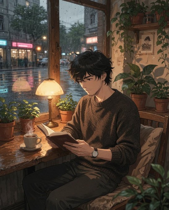 An anime-style illustration of a dark-haired young man reading a book by a rainy window, accompanied by a steaming coffee mug and surrounded by potted plants.