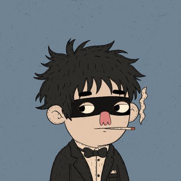 A cartoon boy wearing a black domino mask, tuxedo, and bow tie while smoking a cigarette. The illustration appears to be the artist's playful interpretation of the "masked, tuxedoed, smoking" description from the accompanying post.