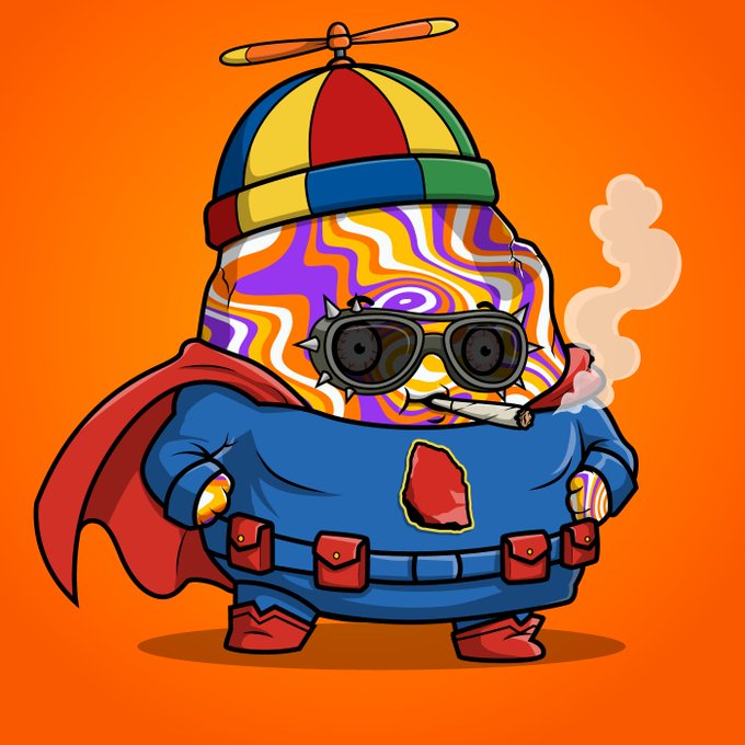 A cartoon illustration of a colorful, psychedelic egg-like character wearing a propeller hat, sunglasses, a red cape, and smoking a cigar against an orange background.