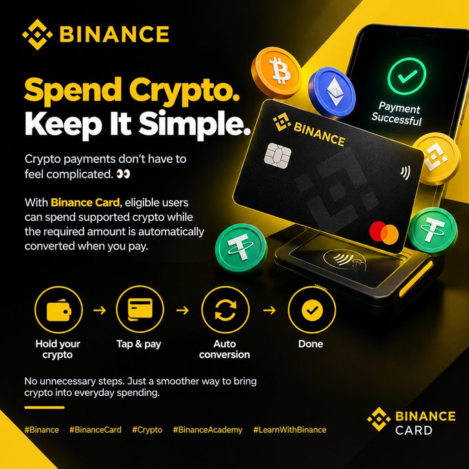 A Binance advertisement promoting the Binance Card with the headline 'Spend Crypto. Keep It Simple,' explaining the Hold crypto → Tap & pay → Auto conversion → Done workflow, surrounded by BTC, ETH, BNB, USDT, and XRP coin icons.