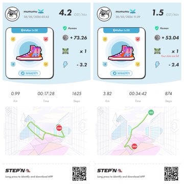 The image shows two different screens displaying a step tracking app, likely used for fitness purposes. The first screen displays a blue background with a pair of sneakers and a map, while the second screen has a white background with a pink background featuring a cartoon character walking on a path. Both screens show the same information about the step tracking app, but in different styles to cater to various preferences or visual impairments.