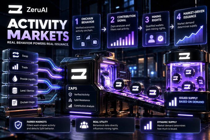 The image is a ZeruAI promotional graphic titled "ACTIVITY MARKETS — REAL BEHAVIOR POWERS REAL ISSUANCE," outlining a four-step flow (1. Onchain Behavior, 2. Contribution Signal, 3. Mining Rights, 4. Market-Driven Issuance) where verified economic actions like Swap, Trade, Provide Liquidity, Lend/Borrow, and Onchain Usage feed into "ZAPS" for fair mining and dynamic supply. It visually reinforces the post's point by showing how real onchain activity — not just capital — drives ZeruFinance's issuance model.