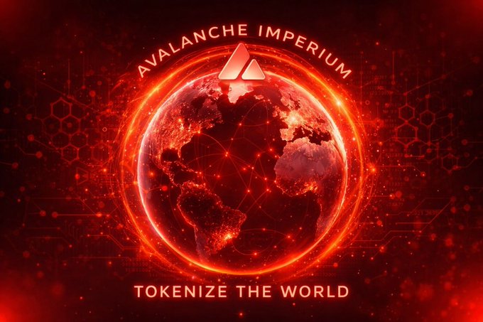 A red digital graphic featuring a glowing globe with 'AVALANCHE IMPERIUM' text at the top and 'TOKENIZE THE WORLD' at the bottom.