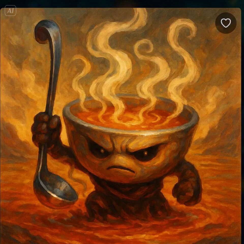 The image features a cartoon character, possibly a monster or a troll, holding a spoon over a bowl of soup that has been steaming with steam coming out of it. The character appears to be angry or upset about something, which adds an element of humor and surprise to the scene. The post suggests that this funny image could be turned into a meme or a popular social media trend due to its relatable and humorous nature. It emphasizes the importance of culture in spreading ideas and trends on platforms like Twitter and Instagram, where content can quickly gain traction and become viral.