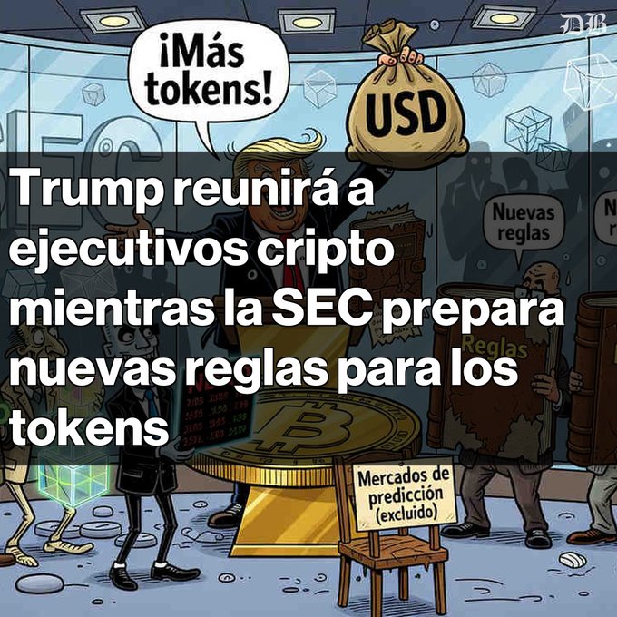 A cartoon illustration depicting Trump holding a money bag saying '¡Más tokens!' with Spanish text overlay reading 'Trump reunirá a ejecutivos cripto mientras la SEC prepara nuevas reglas para los tokens'.