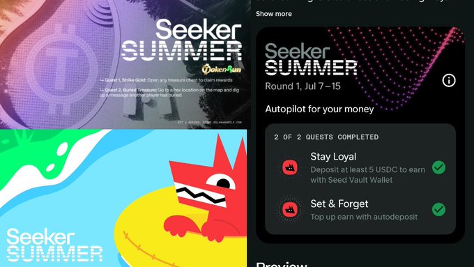 This image showcases "Seeker Summer Round 1, Jul 7-15" and its associated quests, featuring artwork of a red creature with a yellow inner tube and a crypto-themed design. The accompanying post mentions quests involving "TokenRun" by @GEODNET and "Loyal" by @loyal_hq.