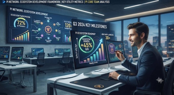 A futuristic office scene showing a smiling man in a suit at a computer displaying 'PI NETWORK: ECOSYSTEM DEVELOPMENT FRAMEWORK' with metrics like 72% ecosystem participation, 120+ verified projects, and a Q3 2024 roadmap highlighting 45% ecosystem growth.