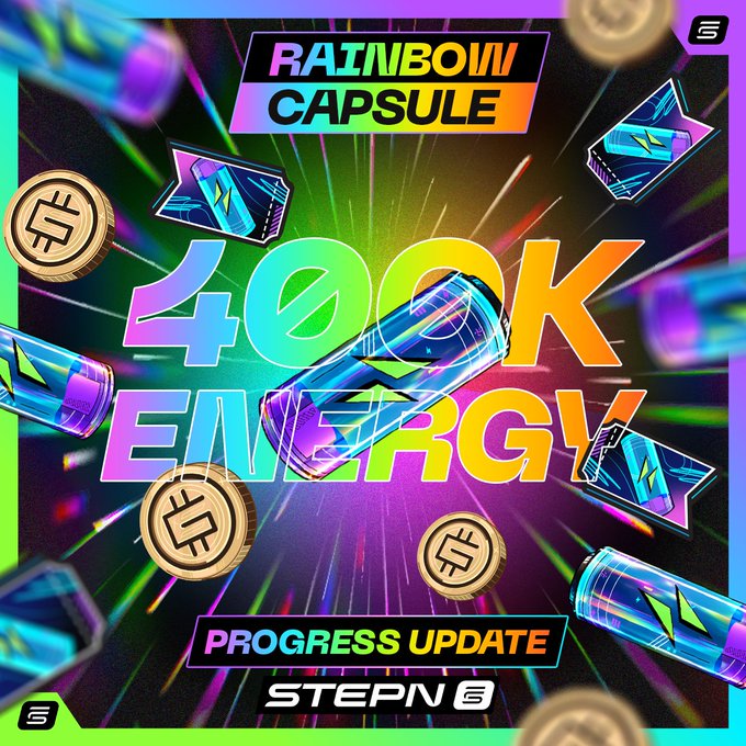 A vibrant promotional graphic for the STEPN Rainbow Capsule "Progress Update" featuring bold "400K ENERGY" text surrounded by colorful capsules, energy tokens, and golden coins, visually celebrating the milestone of burning 400,000 Energy—double the required 200K—alongside the addition of over 1,000,000 tickets.