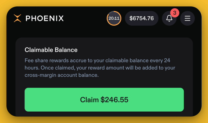 A dark-themed app interface for 'PHOENIX' showing a claimable balance screen with a green button reading 'Claim $246.55' and a timer at 20:11.