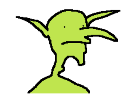 A simple cartoon drawing depicts a green goblin or troll-like creature with pointed ears and an open mouth.