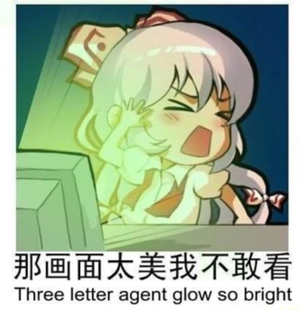 An anime-style chibi character with white hair reacts dramatically with text reading "那画面太美我不敢看" and an English caption "Three letter agent glow so bright".