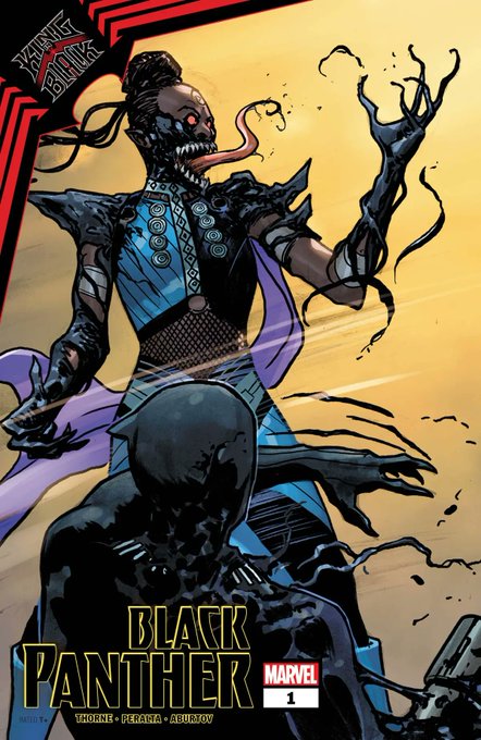 The image is a Marvel "Black Panther" #1 comic book cover featuring a menacing figure with a long tongue and claws towering over a shadowed Black Panther silhouette, with text crediting "Warner, Peralta, Aburtov." It relates to the post as promotional artwork being used to drive sales traffic through the creator's Veve link, likely as part of a digital collectibles drop.