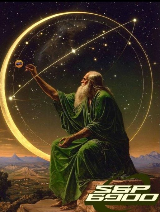 AI-generated fantasy artwork of an elderly bearded sage in green robes reaching toward cosmic orbital rings, with an SPX 6900 logo in the corner.