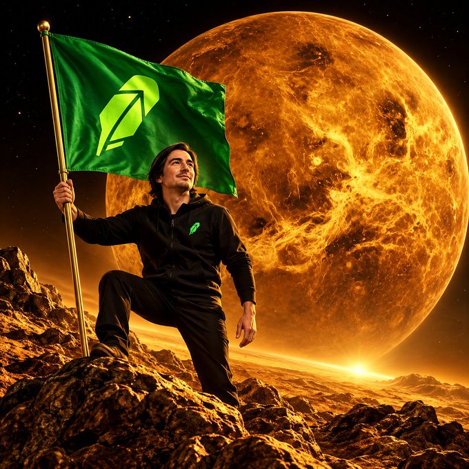 A digital artwork of a man holding a green flag with a stylized logo, standing on a rocky alien landscape with a large orange planet in the background.