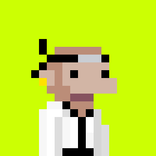 Pixel art portrait of a character wearing a white lab coat and a head mirror on a bright green background.