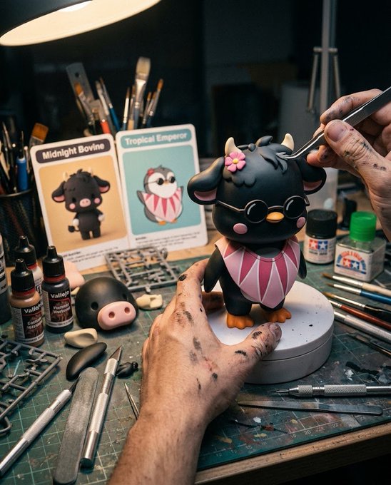 A hobbyist uses tweezers to assemble a custom polymer clay figure that blends the "Midnight Bovine" and "Tropical Emperor" character designs, surrounded by Vallejo paint bottles, sculpting tools, and reference cards on a workbench. The hands-on creative scene perfectly captures the post's celebration of merging two beloved characters into a unique collectible.