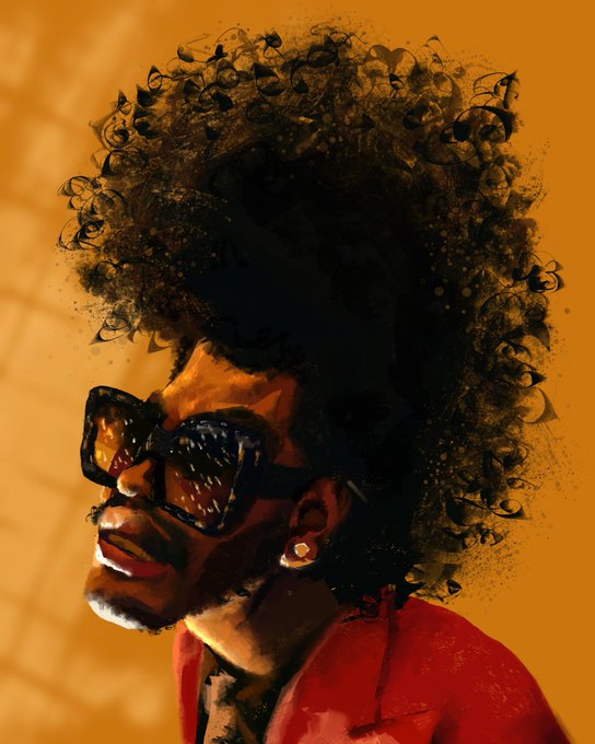 A stylized digital portrait of a person with a large curly afro, wearing dark sunglasses with reflective lenses, a red jacket, and an earring, set against a warm orange background.