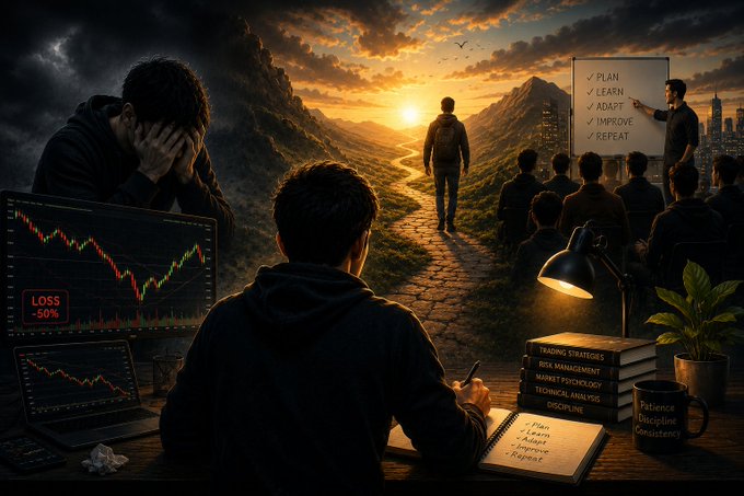 The image features a scene that seems to be set during the end of a trading year, possibly around 2029 or earlier. In front of the viewer are three people - two men walking through a mountain range under a sunset sky with clouds and one person sitting at a desk in front of their computer screen looking into it as if they've just made some significant trade. The image also includes several books scattered throughout and a laptop on the desk, suggesting that these individuals were involved in trading activities or had some knowledge about the stock market during this period.