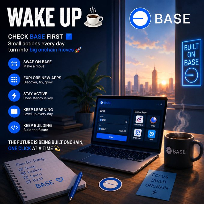 The image features a laptop computer sitting on top of a wooden desk, with a cup of coffee nearby. The background shows a city skyline at sunset, creating a serene atmosphere. A note pad and pen are also present on the desk, suggesting that someone might be working or studying from home. The post about "Wake Up Base" is displayed in the image, which promotes the idea of waking up early to build a successful online business.