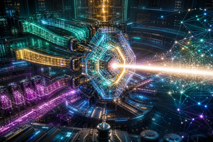 A futuristic sci-fi scene showing a glowing cubic energy core emitting a beam of light, surrounded by a network of connected nodes and a vibrant neon-lit cityscape in pink, blue, and gold.