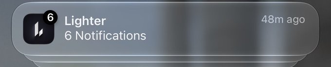 An iOS notification banner from the app 'Lighter' indicating 6 notifications from 48m ago.