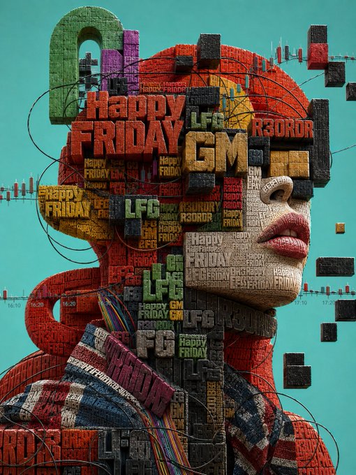 A surreal digital artwork depicting a woman's profile constructed from 3D text blocks reading 'Happy Friday', 'LFG', 'GM', and 'R3ORD' against a teal background, overlaid with financial candlestick charts.