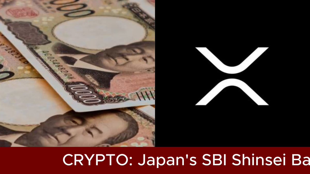 The image features two stacks of Japanese yen banknotes, with one stack placed above the other. Below these stacks are three white logos - an X and two arrows pointing downwards. The text "CRYPTO: Japan's SBI Shinsei Bank" is written in red at the bottom of the image. The post also mentions that the bank will be converting deposit interest into Bitcoin, Ethereum, and Ripple tokens on June 10th.